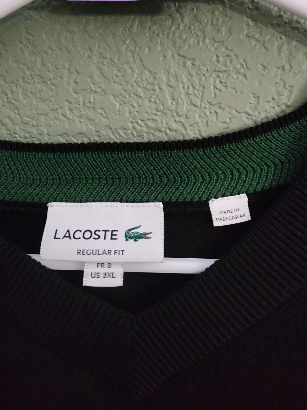 Lacoste Men’s Black V-Neck Cotton Sweater 3XL Regular Fit Green Trim Crocodile